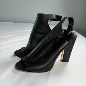 Calvin Klein Zola 9M Women Black Block Heel Sandals Leather Back Strap Open Toe